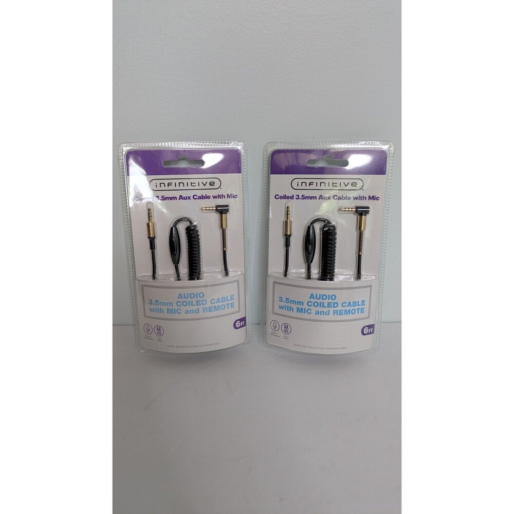 Infinitive 2-Pack Coiled 3.5mm Aux Cable with Mic and Remote 6’ Length Audio